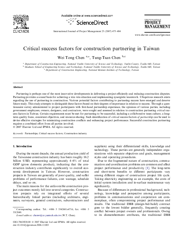 (PDF) Critical success factors for construction partnering in Taiwan