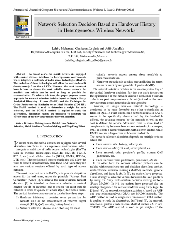 (PDF) Network Selection Decision Based on Handover History in ...