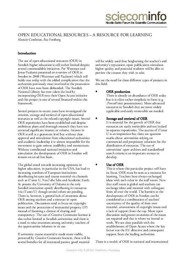(PDF) Open Educational Resources – a resource for learning