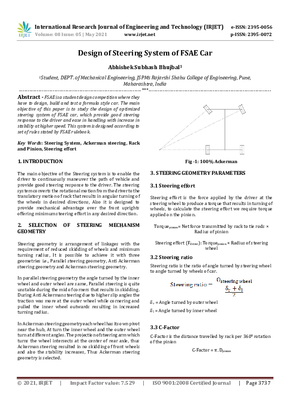 (PDF) IRJET Design of Steering System of FSAE Car IRJET Journal