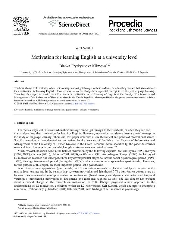 (PDF) Motivation for learning English at a university level
