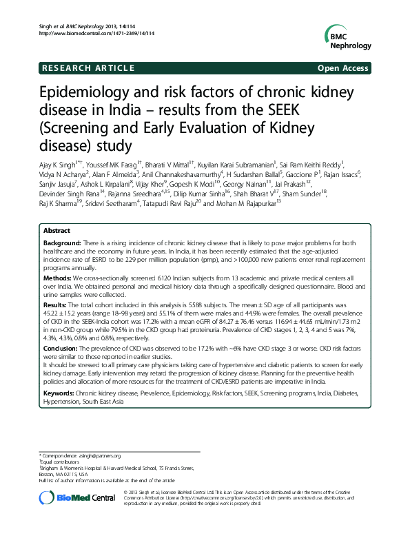 (PDF) Epidemiology and risk factors of chronic kidney disease in India ...