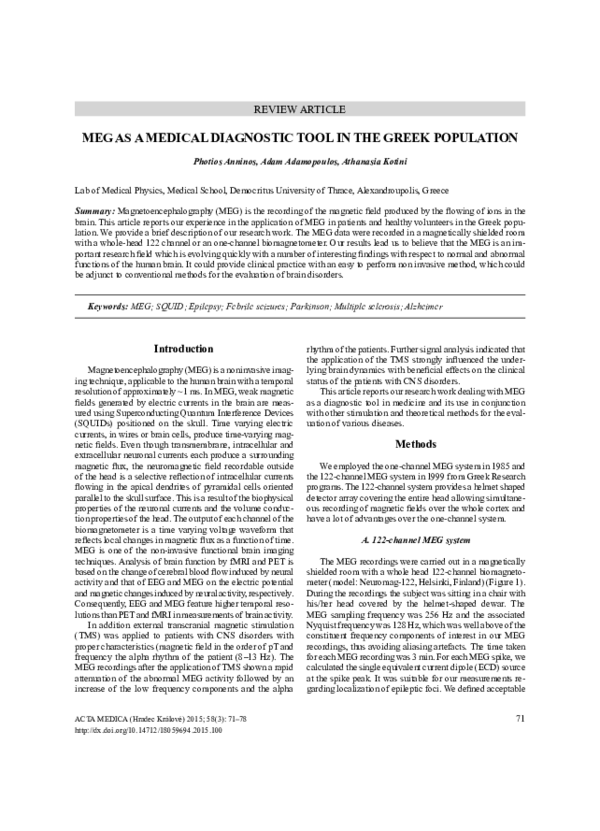 (PDF) MEG as a Medical Diagnostic Tool in the Greek Population