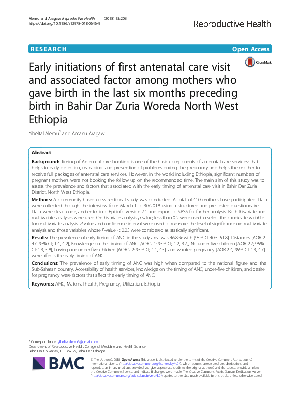 (PDF) Early initiations of first antenatal care visit and associated ...