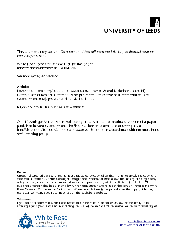 (PDF) Comparison of two different models for pile thermal response test ...