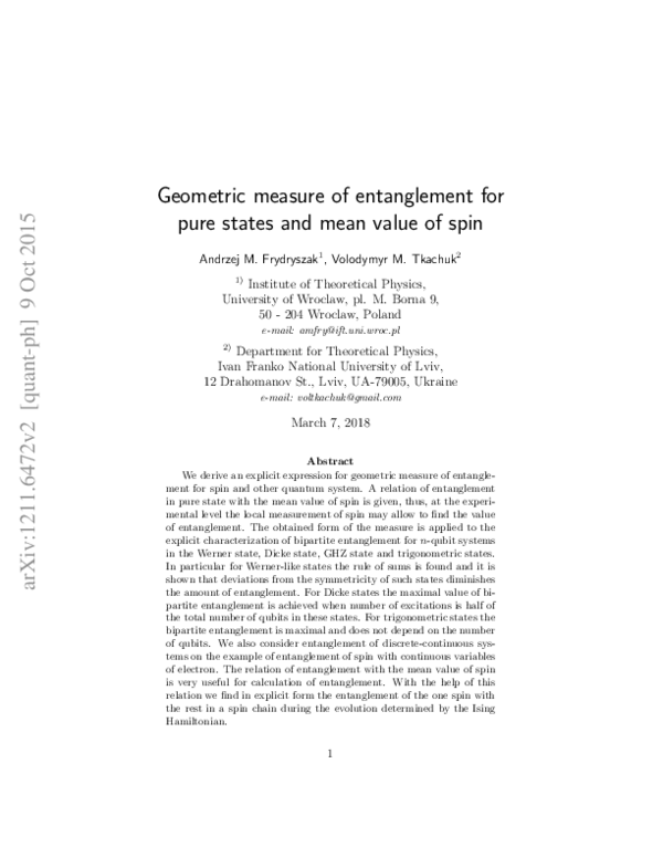 (PDF) Geometric measure of entanglement of the qubit with an arbitrary ...