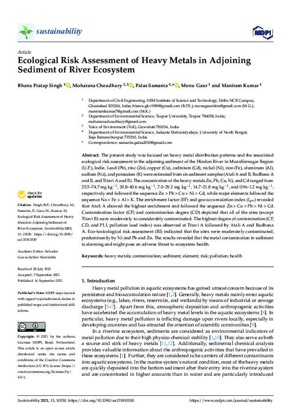 (PDF) Ecological Risk Assessment of Heavy Metals in Adjoining Sediment ...