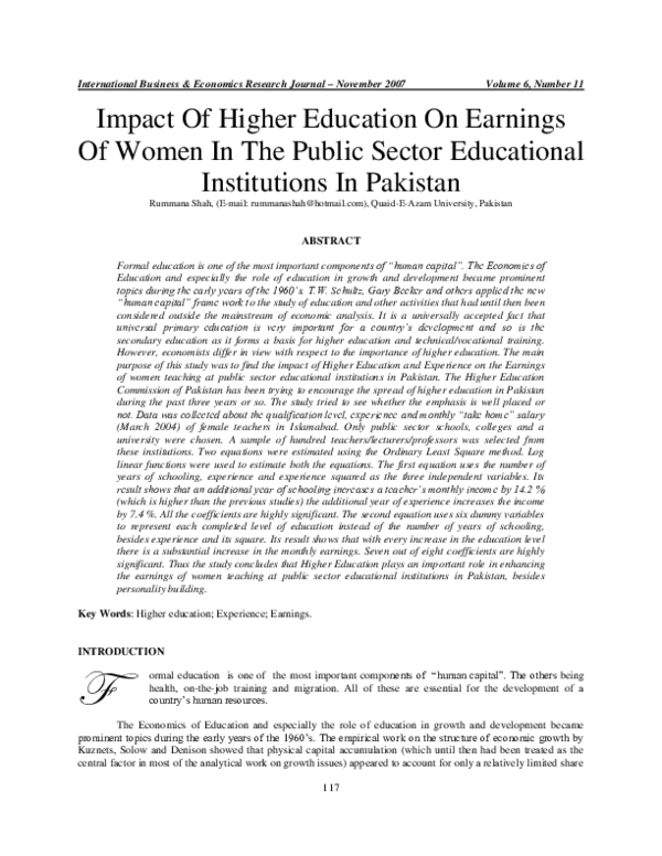 (PDF) Impact Of Higher Education On Earnings Of Women In The Public ...