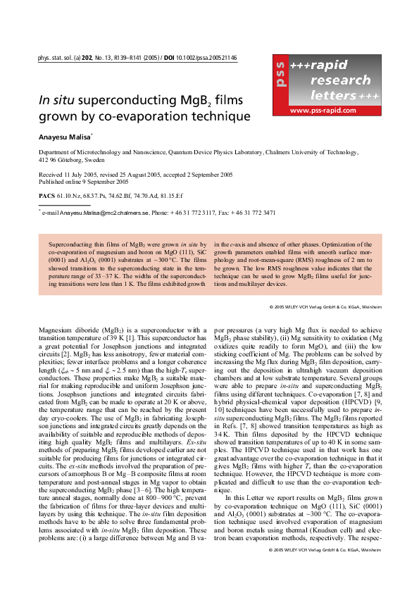 (PDF) In situ superconducting MgB 2 films grown by co-evaporation technique