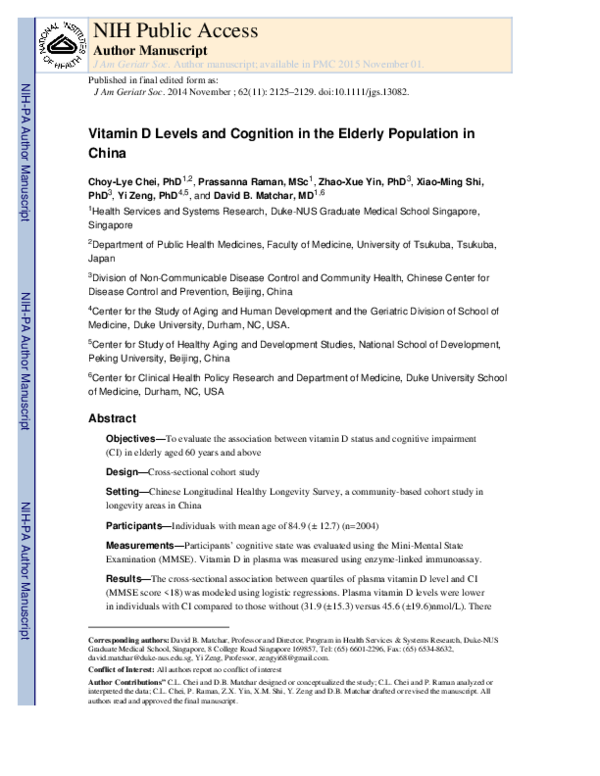 (PDF) Vitamin D Levels and Cognition in Elderly Adults in China