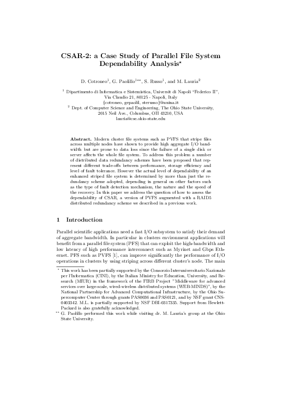 (PDF) CSAR-2: A Case Study of Parallel File System Dependability Analysis