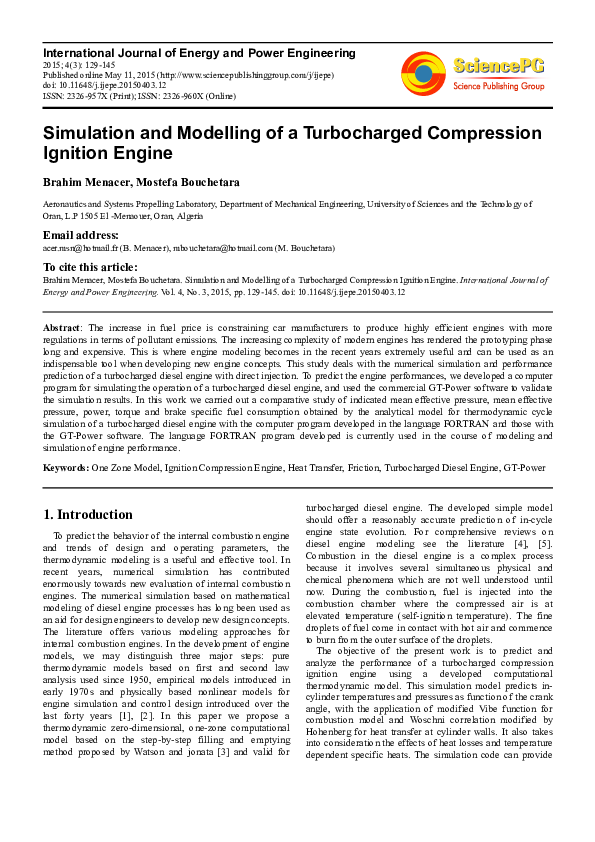 (PDF) Simulation and Modelling of a Turbocharged Compression Ignition ...