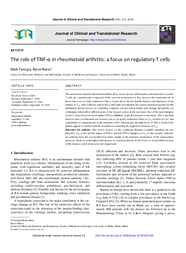 (PDF) The role of TNF-α in rheumatoid arthritis: a focus on regulatory ...