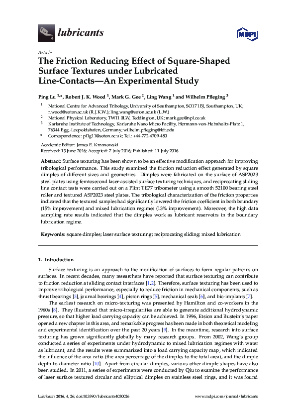 (PDF) The Friction Reducing Effect of Square-Shaped Surface Textures ...