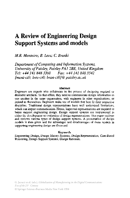 (PDF) A Review of Engineering Design Support Systems and Models