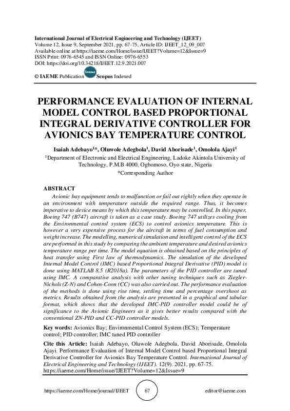 (PDF) PERFORMANCE EVALUATION OF INTERNAL MODEL CONTROL BASED ...