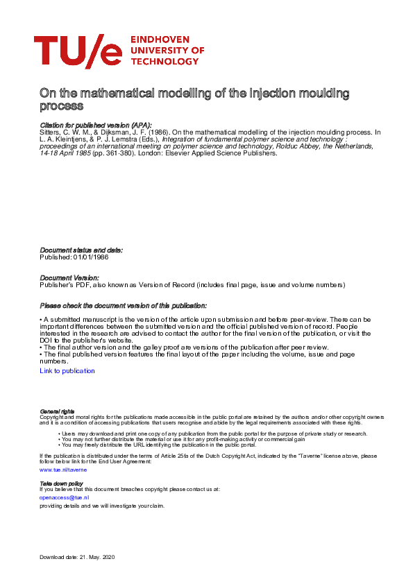 (PDF) On the mathematical modelling of the injection moulding process