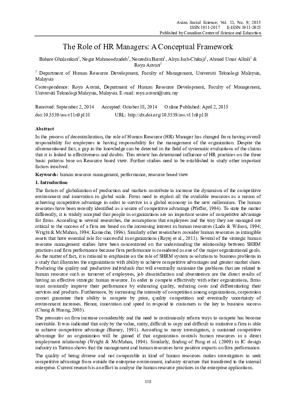 (PDF) The Role of HR Managers: A Conceptual Framework