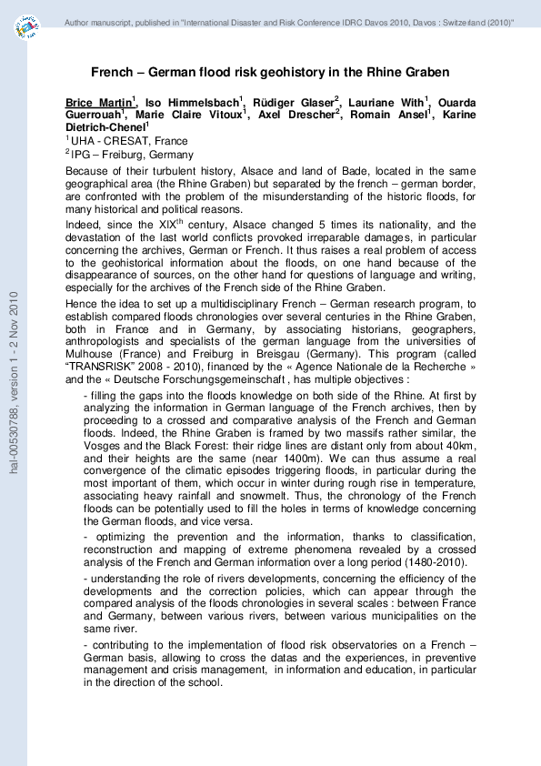 (PDF) French – German flood risk geohistory in the Rhine Graben