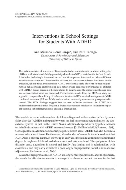 (PDF) Interventions in School Settings for Students With ADHD