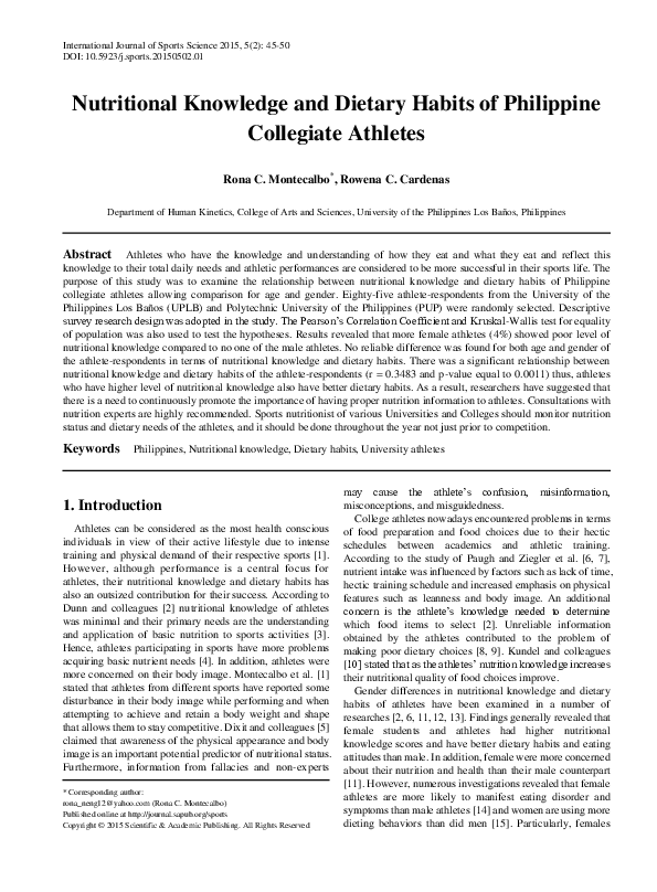 (PDF) Nutritional knowledge and dietary habits of philippine collegiate ...