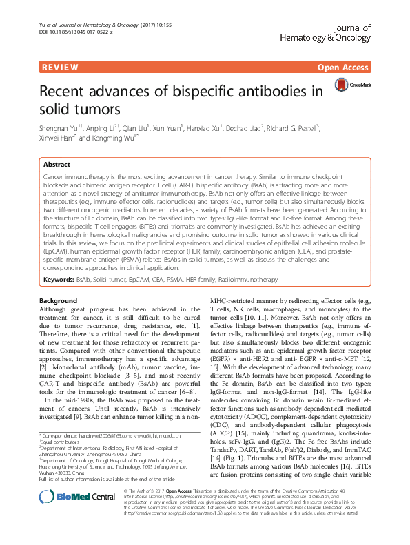 (PDF) Recent advances of bispecific antibodies in solid tumors