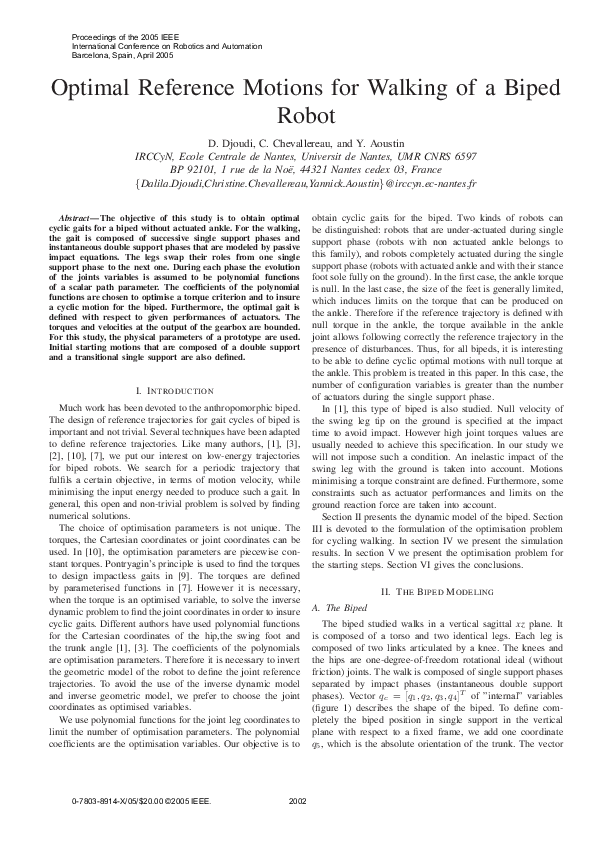(PDF) Optimal Reference Motions for Walking of a Biped Robot