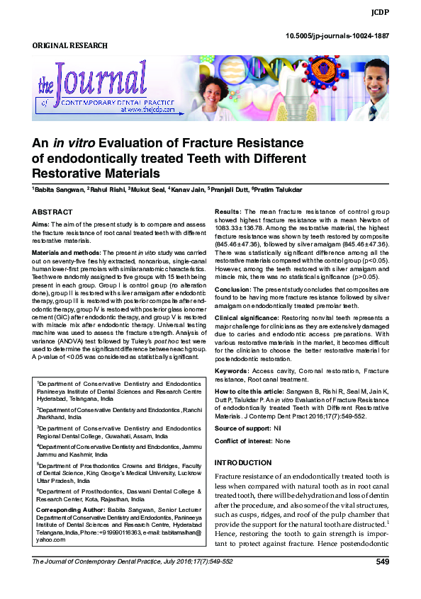 (PDF) An in vitro Evaluation of Fracture Resistance of endodontically ...