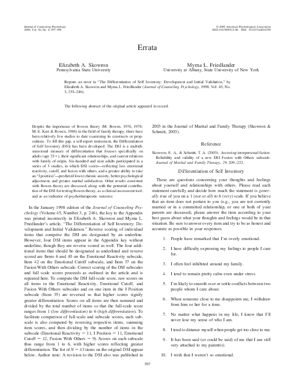(PDF) The Differentiation of Self Inventory: Development and initial ...