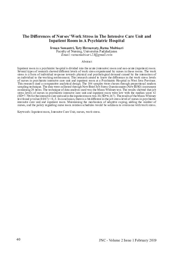 (PDF) The Differences of Nurses’ Work Stress in The Intensive Care Unit ...