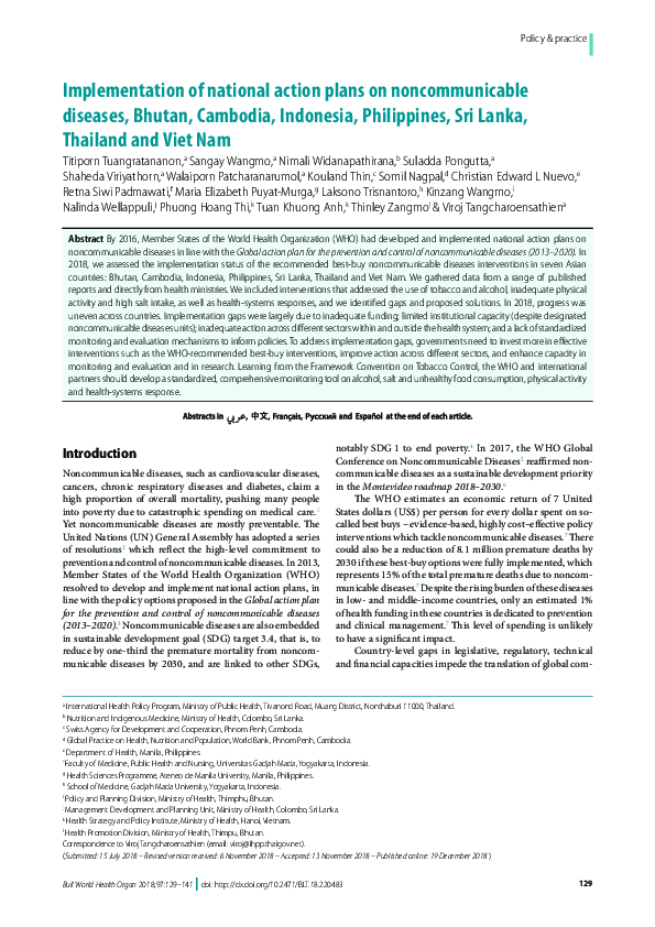 (PDF) Implementation of national action plans on noncommunicable ...