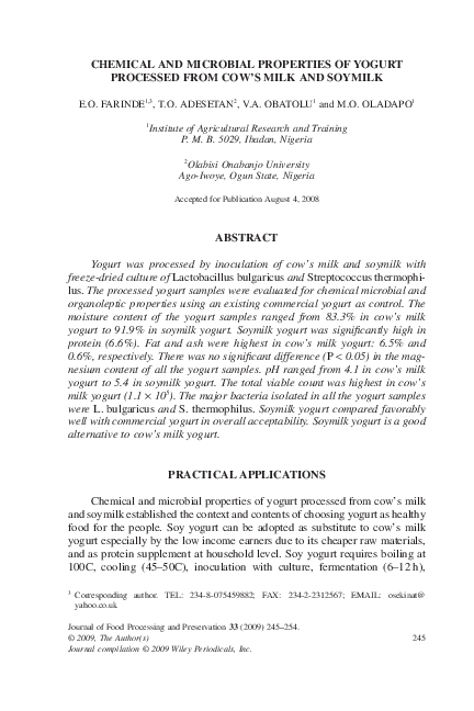 (PDF) Chemical and Microbial Properties of Yogurt Processed from Cow's ...