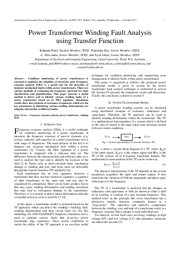 (PDF) Power transformer winding fault analysis using transfer function