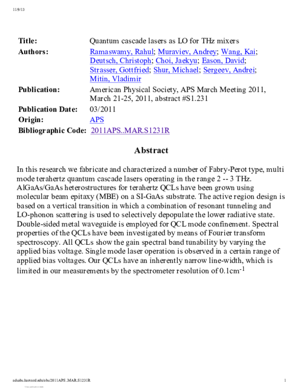 (PDF) Quantum cascade lasers as LO for THz mixers