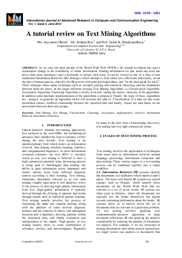 (PDF) A tutorial review on Text Mining Algorithms