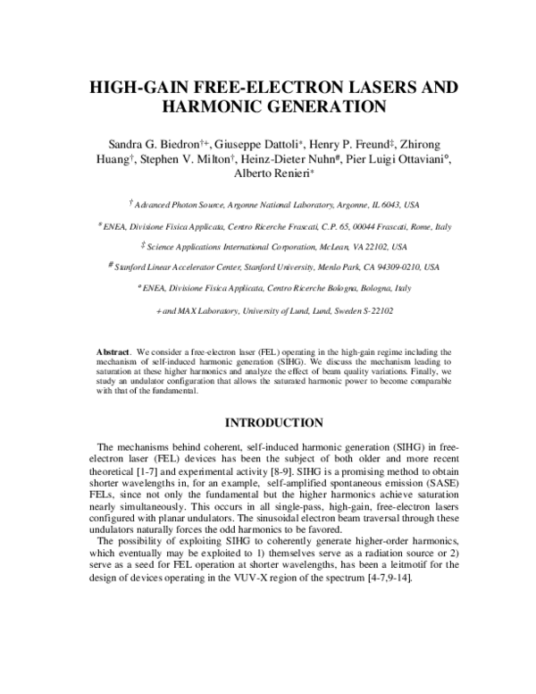 (PDF) High-gain free-electron lasers and harmonic generation