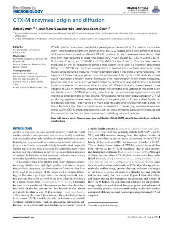 (PDF) CTX-M Enzymes: Origin and Diffusion