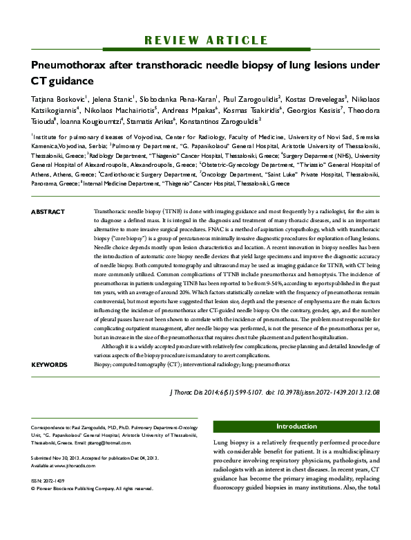 (PDF) Pneumothorax after transthoracic needle biopsy of lung lesions ...