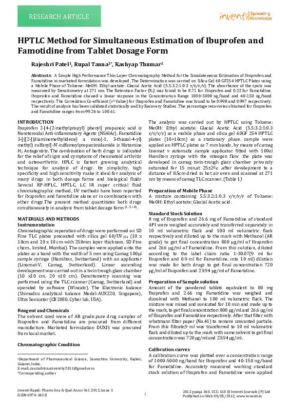 (PDF) HPTLC Method for Simultaneous Estimation of Ibuprofen and ...