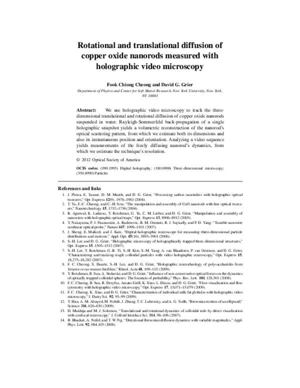 (PDF) Rotational and translational diffusion of copper oxide nanorods ...