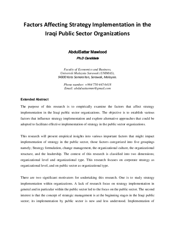 (PDF) Factors Affecting Strategy Implementation in the Iraqi Public ...