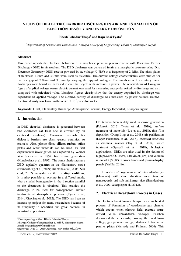 (PDF) Study of Dielectric Barrier Discharge in Air and Estimation of ...