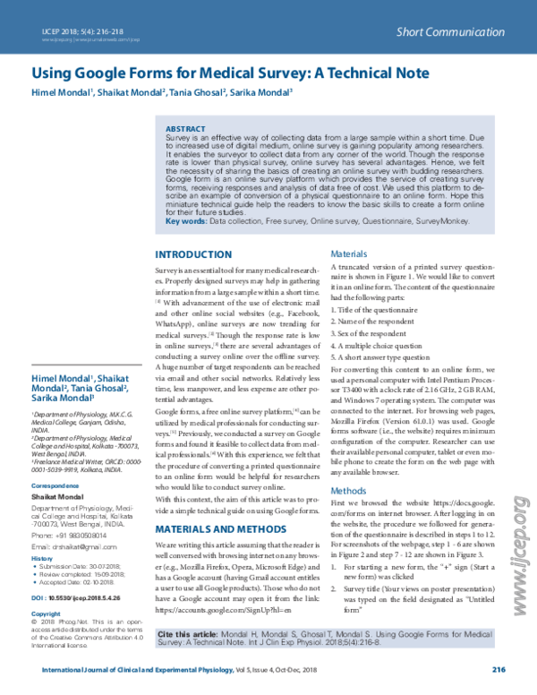 (PDF) Using Google Forms for Medical Survey: A Technical Note