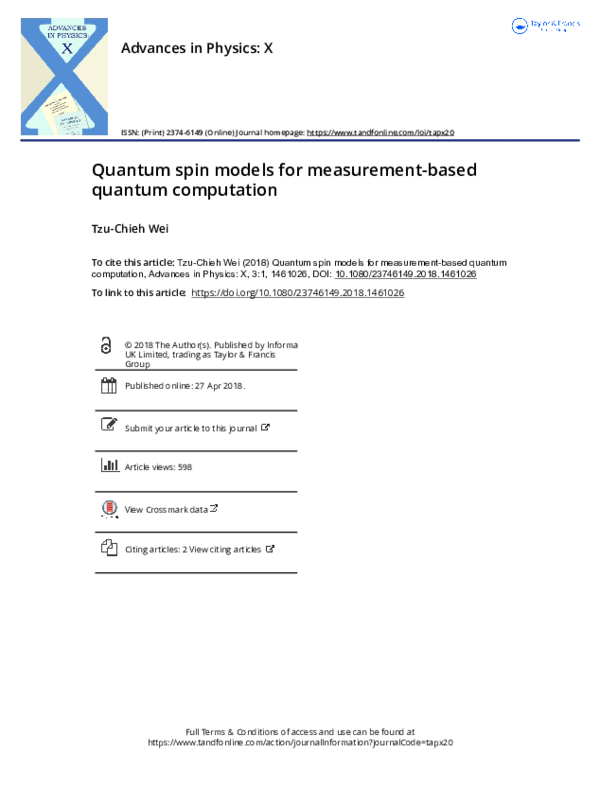 (PDF) Quantum spin models for measurement-based quantum computation