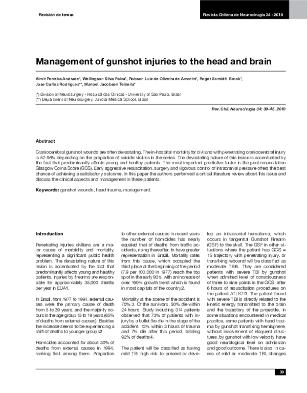 (PDF) Management of gunshot injuries to the head and brain