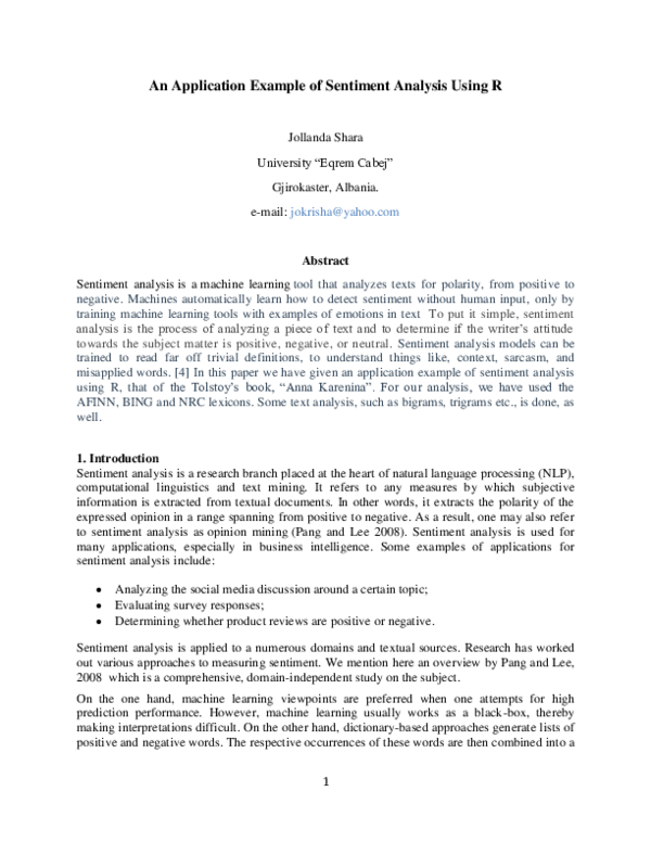 (PDF) An Application Example of Sentiment Analysis Using R