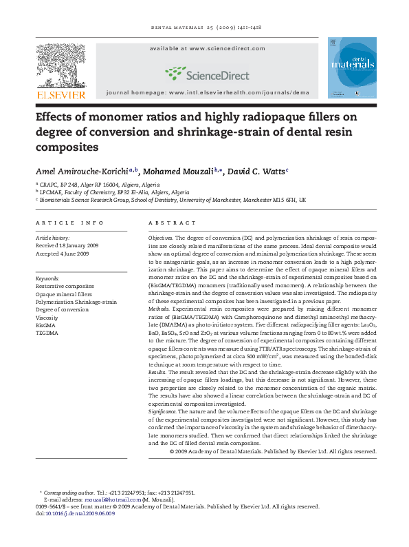 (PDF) Effects of monomer ratios and highly radiopaque fillers on degree