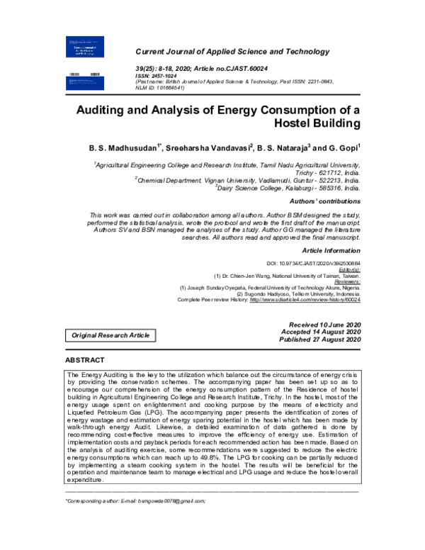 (PDF) Auditing and Analysis of Energy Consumption of a Hostel Building