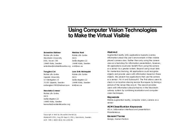 (PDF) Using Computer Vision Technologies to Make the Virtual Visible