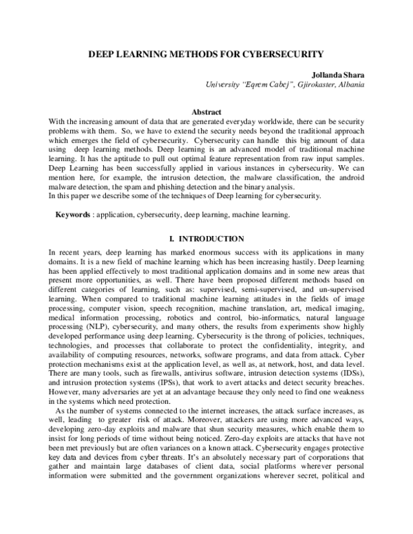 (PDF) DEEP LEARNING METHODS FOR CYBERSECURITY